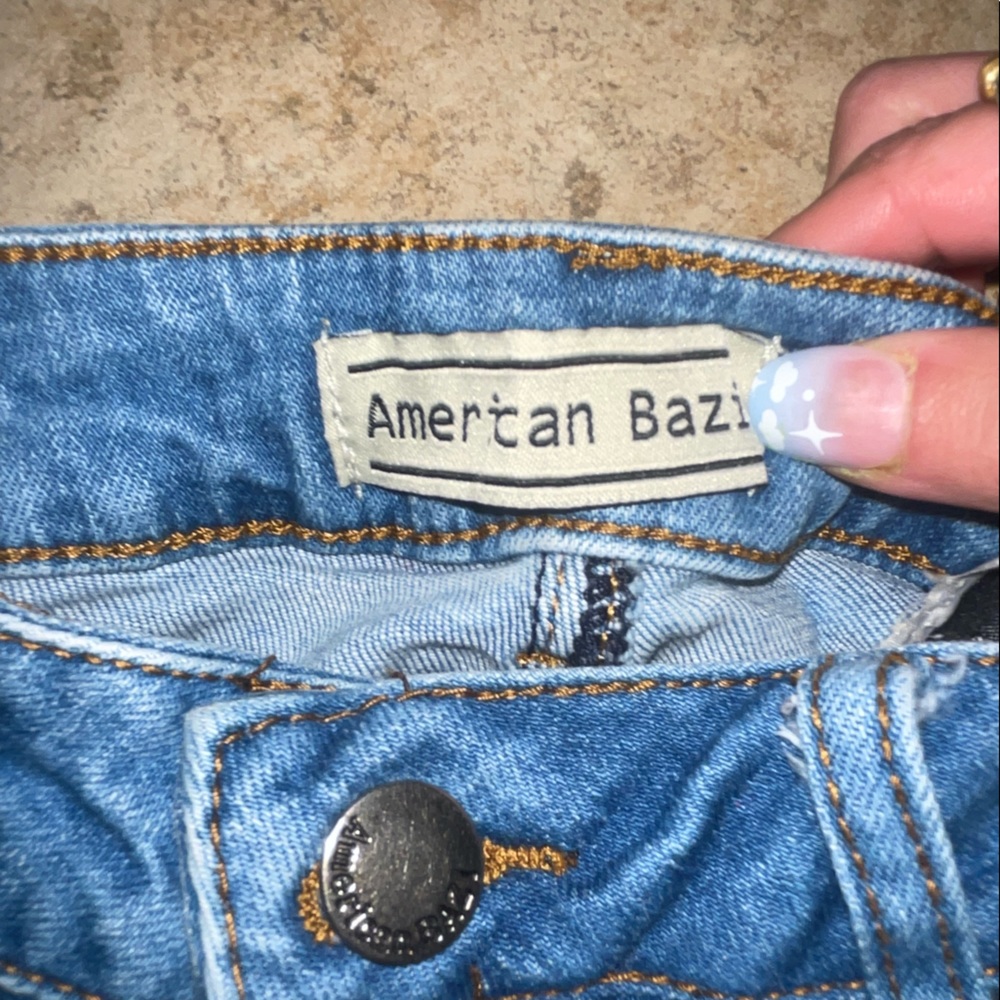 American Bazi Women's Blue Destroyed Denim Distressed Capri Knee Long Shorts - Picture 10 of 11